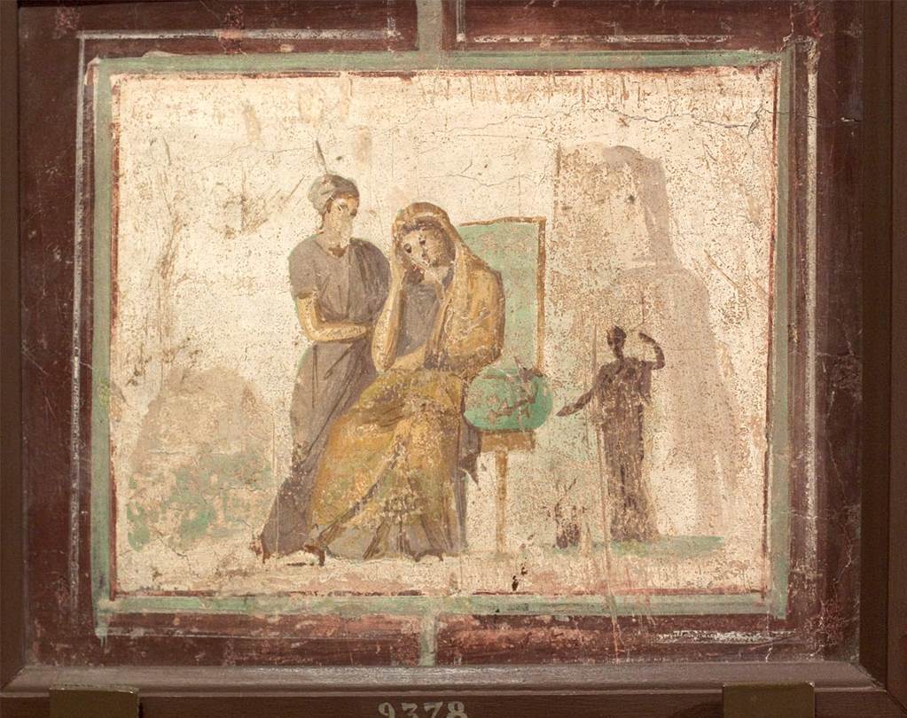 VI.14.42 Pompeii. Room on south side (right) from tablinum. Wall painting of Phaedra and wet nurse or two women in conversation. Now in Naples Archaeological Museum. Inventory number 9378. See Helbig, W., 1868. Wandgemälde der vom Vesuv verschütteten Städte Campaniens. Leipzig: Breitkopf und Härtel. (1433 described as Woman and ladies maid).
See Schefold, K., 1957. Die Wände Pompejis. Berlin: De Gruyter. (p. 138).