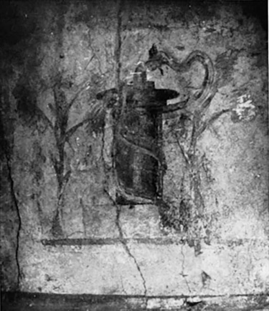 VI.14.43 Pompeii. 1937. Niche. Detail of painted altar with plants and serpent.
See Boyce G. K., 1937. Corpus of the Lararia of Pompeii. Rome: MAAR 14. (p.54, no.209, with Pl.8,3)