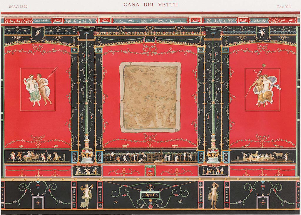VI.15.1 Pompeii. c.1899. Painting by D’Amelio, showing north wall.
See D’Amelio, P. (1899). Nuovi Scavi di Pompei, Casa dei Vettii appendice ai dipinti murali. (Tav. VIII.).
