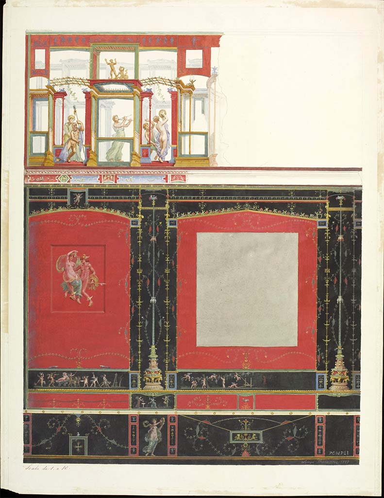 VI.15.1 Pompeii. c. 1897. Watercolour by Luigi Bazzani, showing west (left) and central panels on north wall.
Photo © Victoria and Albert Museum. Inventory number 16-1898.