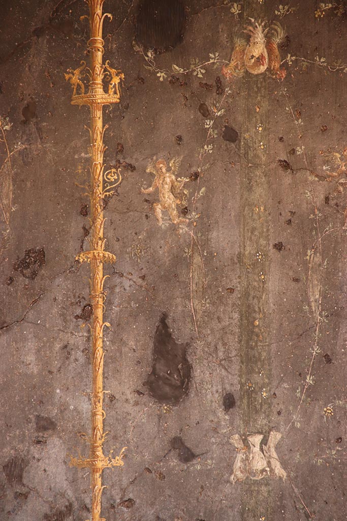 VI.15.1 Pompeii. October 2024.
Detail from black painted panel with candelabra from west end of north wall.
Photo courtesy of Klaus Heese.