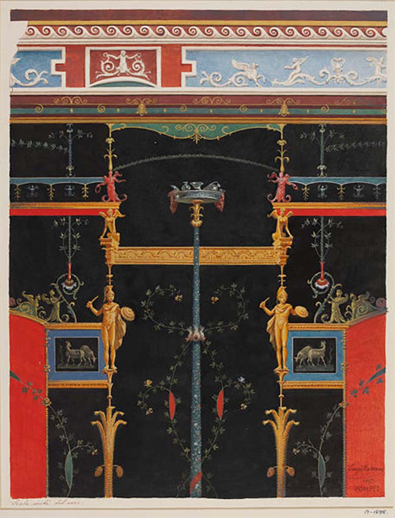 VI.15.1 Pompeii. c. 1897.
Watercolour by Luigi Bazzani showing detail of part of upper north wall between the west and central panels.
Photo © Victoria and Albert Museum. Inventory number 17-1898.