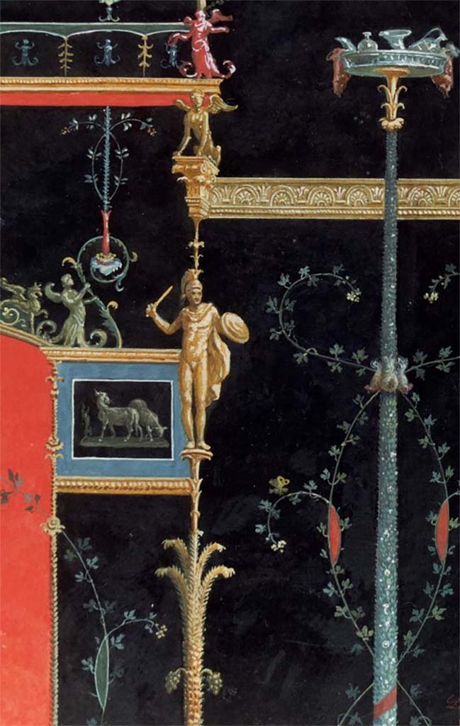 VI.15.1 Pompeii. 1895.
Watercolour by Luigi Bazzani showing detail of part of upper north wall on east side of west panel.