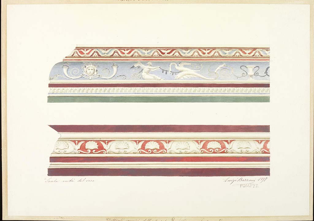 VI.15.1 Pompeii. c.1897. Watercolour by Luigi Bazzani, showing painted decorations on cornices.
Photo © Victoria and Albert Museum. Inventory number 18-1898.