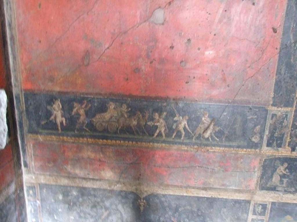 VI.15.1 Pompeii. December 2006. North wall in north-west corner with painting of cupids celebrating a festival in honour of Bacchus.