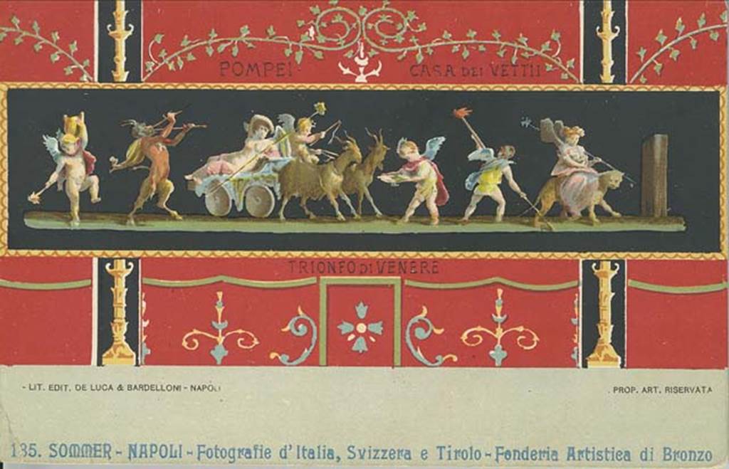 VI.15.1 Pompeii. Early 20th century postcard by G.Sommer, no.185, showing painting of cupids from the north wall. Photo courtesy of Rick Bauer.