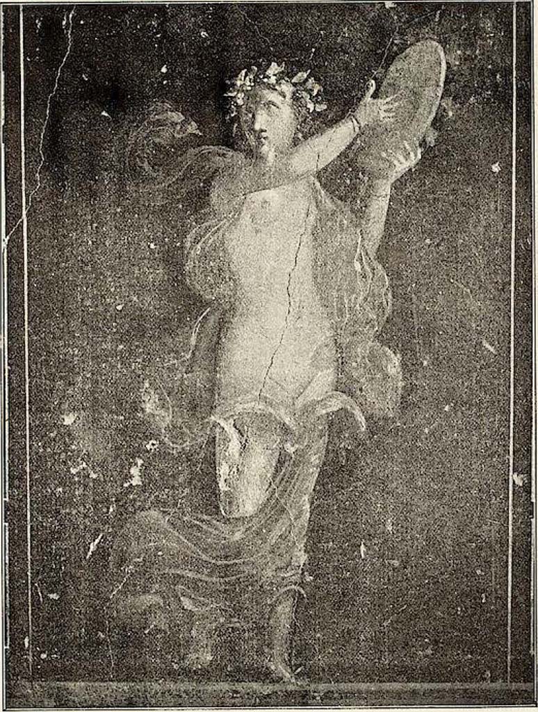 VI.15.1 Pompeii. 1898. Panel in zoccolo towards west end of north wall, with standing female figure of a Bacchante.
Bacchante, crowned with ivy, naked above and covered, the legs in a green dress, with a yellow cloak fluttering behind the shoulders, in an orgiastic movement, plays the kettledrum.
See Sogliano, A. La Casa dei Vettii in Pompei Mon. Ant. 1898, p. 377, Fig. 65, p. 374-5, no. 5.