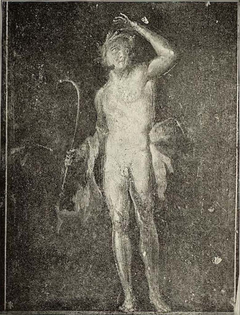 VI.15.1 Pompeii. 1898. Zoccolo on east side of central panel, panel with painting of Satyr.
Crowned with pine and equipped with nebride, he holds the pedum in his right hand and shields his eyes from the sun with his left hand.
See Sogliano, A. La Casa dei Vettii in Pompei Mon. Ant. 1898, Fig. 66, p. 379-380, p. 375 no. 6.