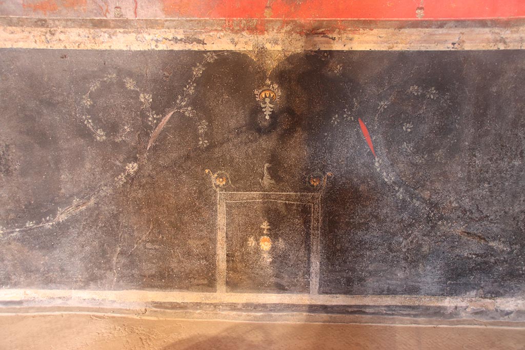 VI.15.1 Pompeii. October 2024. Lower north wall at east end, detail from zoccolo. Photo courtesy of Klaus Heese.