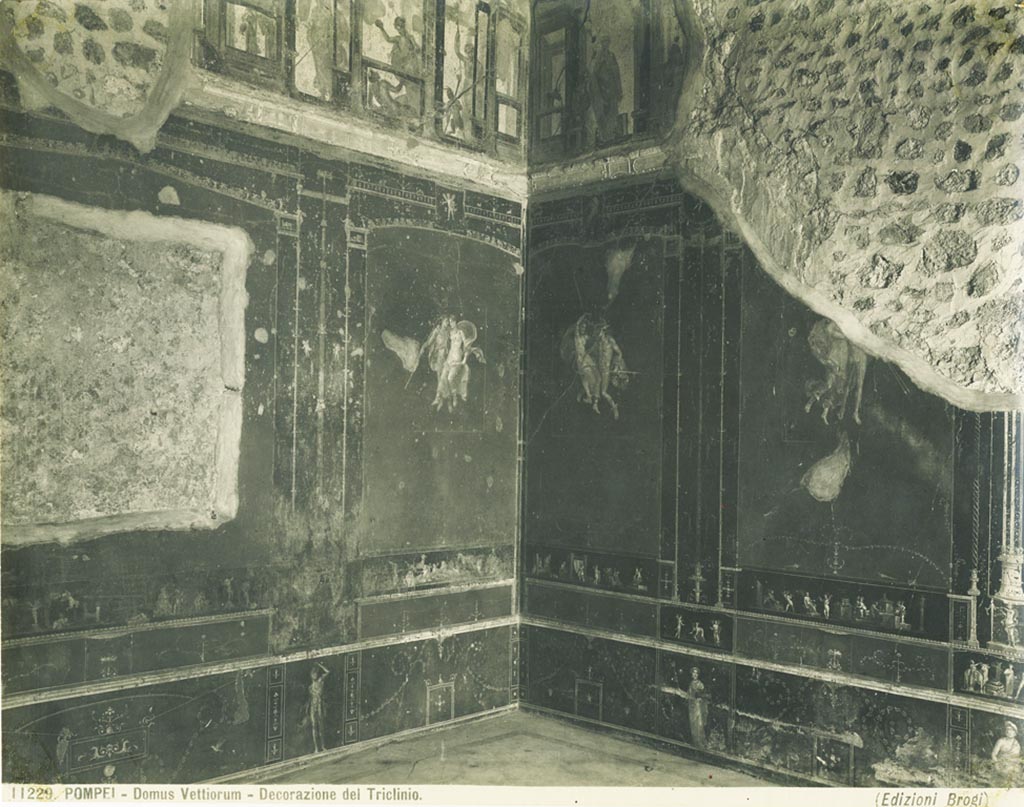 VI.15.1 Pompeii. Old undated photograph by Brogi, no.11229.
Upper north-east corner in room of the cupids or cherubs, with floating figures in centre of panels. Photo courtesy of Rick Bauer.
According to PPM –
The “flying couple” in the centre of the red east panel on the north wall have been identified as Bacchus and Ariadne.
See Carratelli, G. P., 1990-2003. Pompei: Pitture e Mosaici: Vol. V. Roma: Istituto della enciclopedia italiana, (p.549 and no.136).
Kuivalainen comments –
Bacchus and Ariadne as floating figures are rare, but on account of the counterpart figures in the room these two can also be interpreted plausibly as gods. The difference between this kind of a simple depiction and the more elaborate mythological settings for Bacchus and Ariadne has been noted; the figures resemble satyrs and bacchants, but their motions are calmer and, besides, the male figure does not have satyr’s ears.”
See Kuivalainen, I., 2021. The Portrayal of Pompeian Bacchus. Commentationes Humanarum Litterarum 140. Helsinki: Finnish Society of Sciences and Letters, (p.128-9, D6).