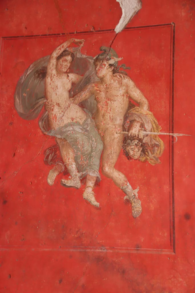 VI.15.1 Pompeii. October 2023.
Detail from middle of panel at north end of east wall. Photo courtesy of Klaus Heese.