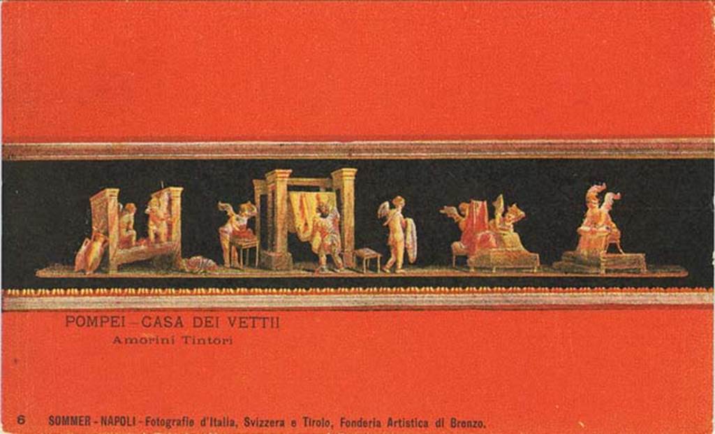 VI.15.1 Pompeii. Early 20th century postcard by G. Sommer, no.6, from east wall in north-east corner. This painting showed the cupids cleaning clothes in a fullery. Photo courtesy of Rick Bauer.