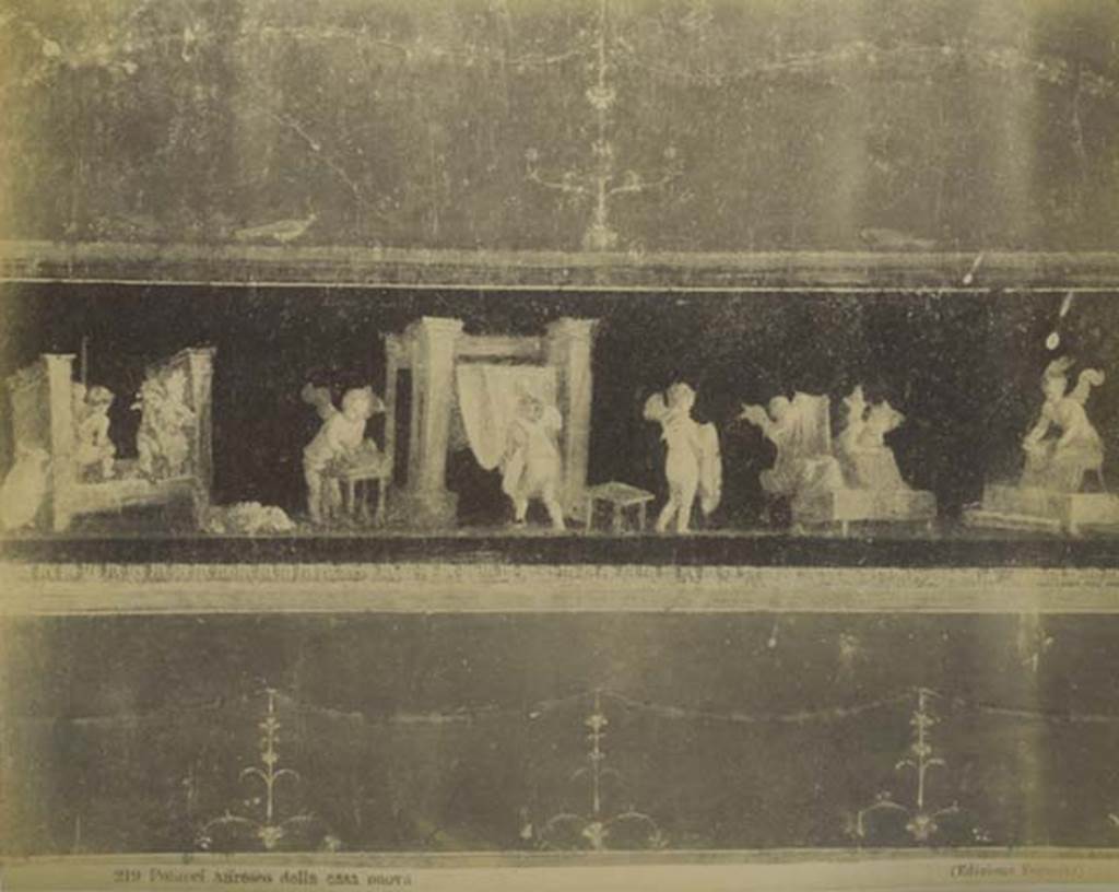 VI.15.1 Pompeii. Mid 1890’s photograph by Esposito no. 219. Detail of cupids cleaning clothes in a fullery, from east wall in north-east corner. Photo courtesy of Rick Bauer.