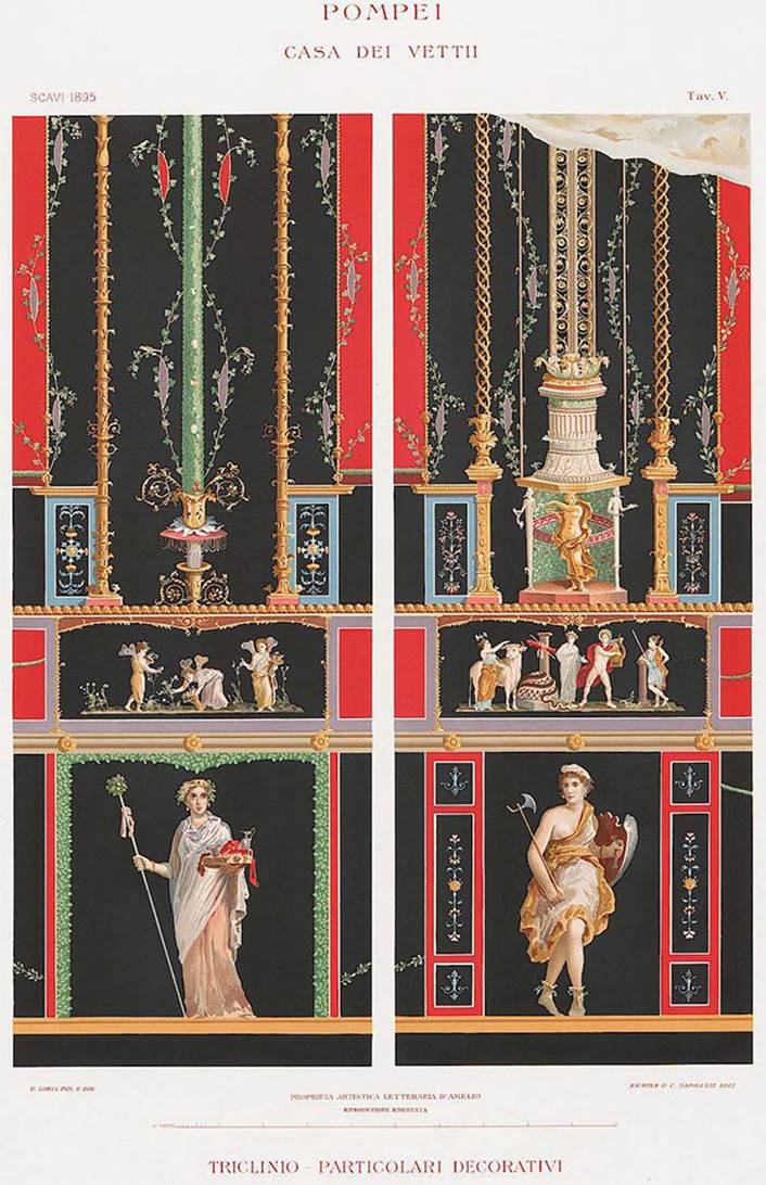 VI.15.1 Pompeii. c.1899. Painting by D’Amelio, showing detail from lower east wall at north end.
See D’Amelio, P. (1899). Nuovi Scavi di Pompei, Casa dei Vettii appendice ai dipinti murali. (Tav. V.).