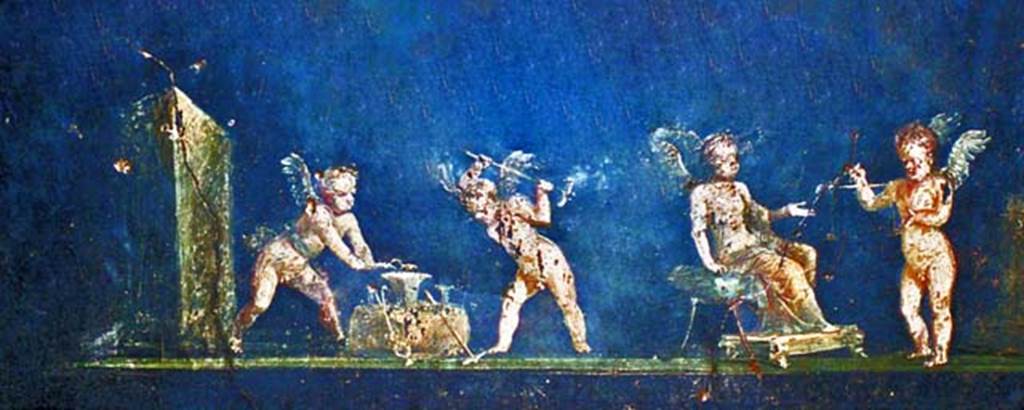VI.15.1 Pompeii. October 2001. Detail from east wall with part of painting of cupid goldsmiths. Photo courtesy of Peter Woods.
