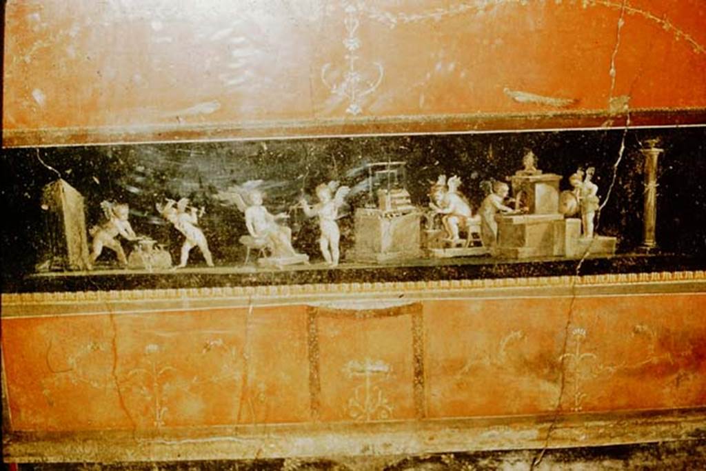 VI.15.1 Pompeii. 1957. East wall with painting of cupid goldsmiths.
Photo by Stanley A. Jashemski.
Source: The Wilhelmina and Stanley A. Jashemski archive in the University of Maryland Library, Special Collections (See collection page) and made available under the Creative Commons Attribution-Non Commercial License v.4. See Licence and use details.
J57f0323