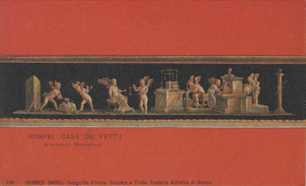 VI.15.1 Pompeii. Early 20th century postcard by G. Sommer, no.116, showing painting of cupids from the east wall. Photo courtesy of Rick Bauer.