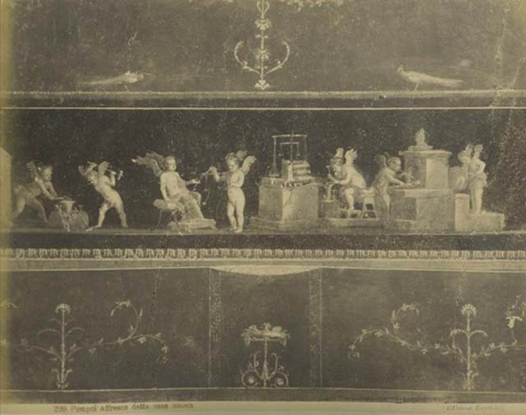 VI.15.1 Pompeii. Mid 1890’s photograph by Esposito no. 220. Detail of goldsmith cupids from the east wall. Photo courtesy of Rick Bauer.