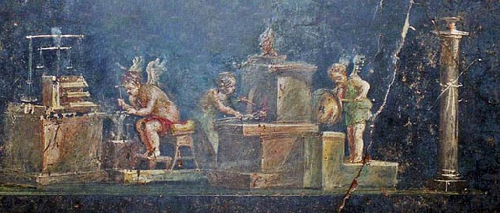 VI.15.1 Pompeii. October 2001. Detail from east wall of the cupid goldsmiths.
Photo courtesy of Peter Woods.