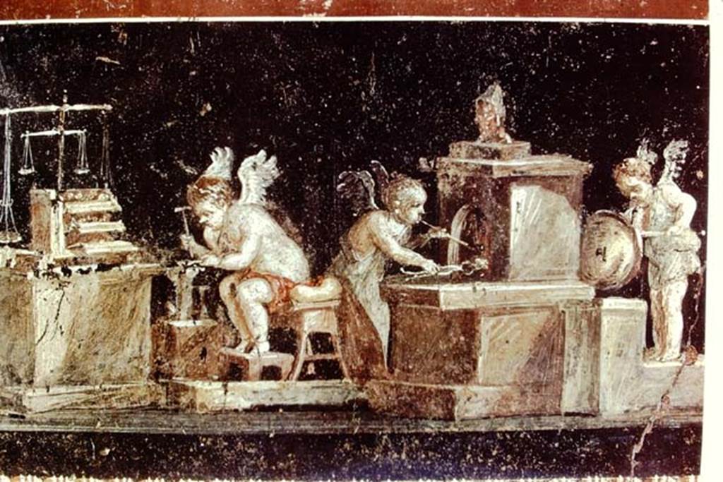 VI.15.1 Pompeii. 1972. Detail from east wall of the cupid goldsmiths. Photo by Stanley A. Jashemski.
Source: The Wilhelmina and Stanley A. Jashemski archive in the University of Maryland Library, Special Collections (See collection page) and made available under the Creative Commons Attribution-Non Commercial License v.4. See Licence and use details. J72f0789