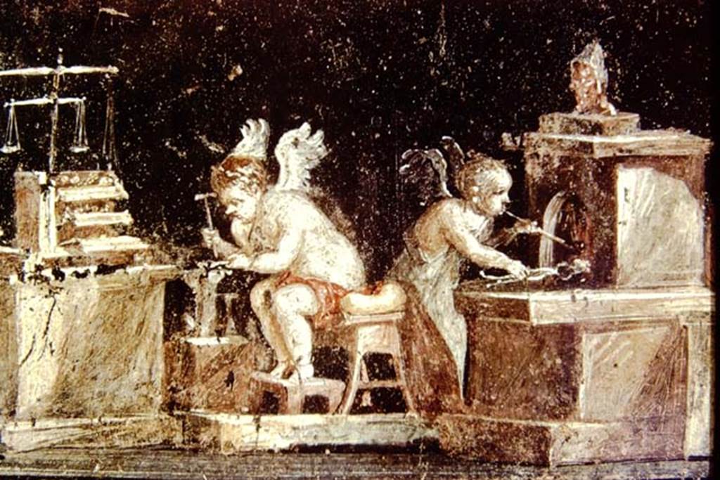 VI.15.1 Pompeii. 1972. Detail from east wall of the cupid goldsmiths. Photo by Stanley A. Jashemski.
Source: The Wilhelmina and Stanley A. Jashemski archive in the University of Maryland Library, Special Collections (See collection page) and made available under the Creative Commons Attribution-Non Commercial License v.4. See Licence and use details. J72f0788