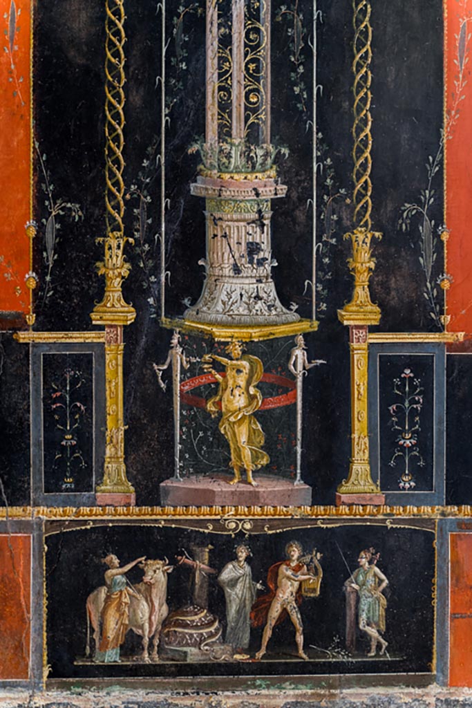 VI.15.1 Pompeii. March 2023.
East wall with painted panel of Apollo and Diana after the killing of the python.
Photo courtesy of Johannes Eber.