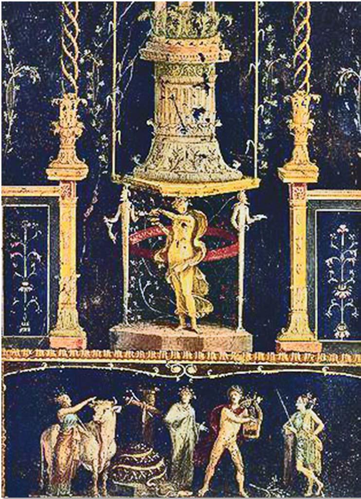 VI.15.1 Pompeii. October 2001.
East wall with painting of Apollo and Diana after the killing of the python. Photo courtesy of Peter Woods.