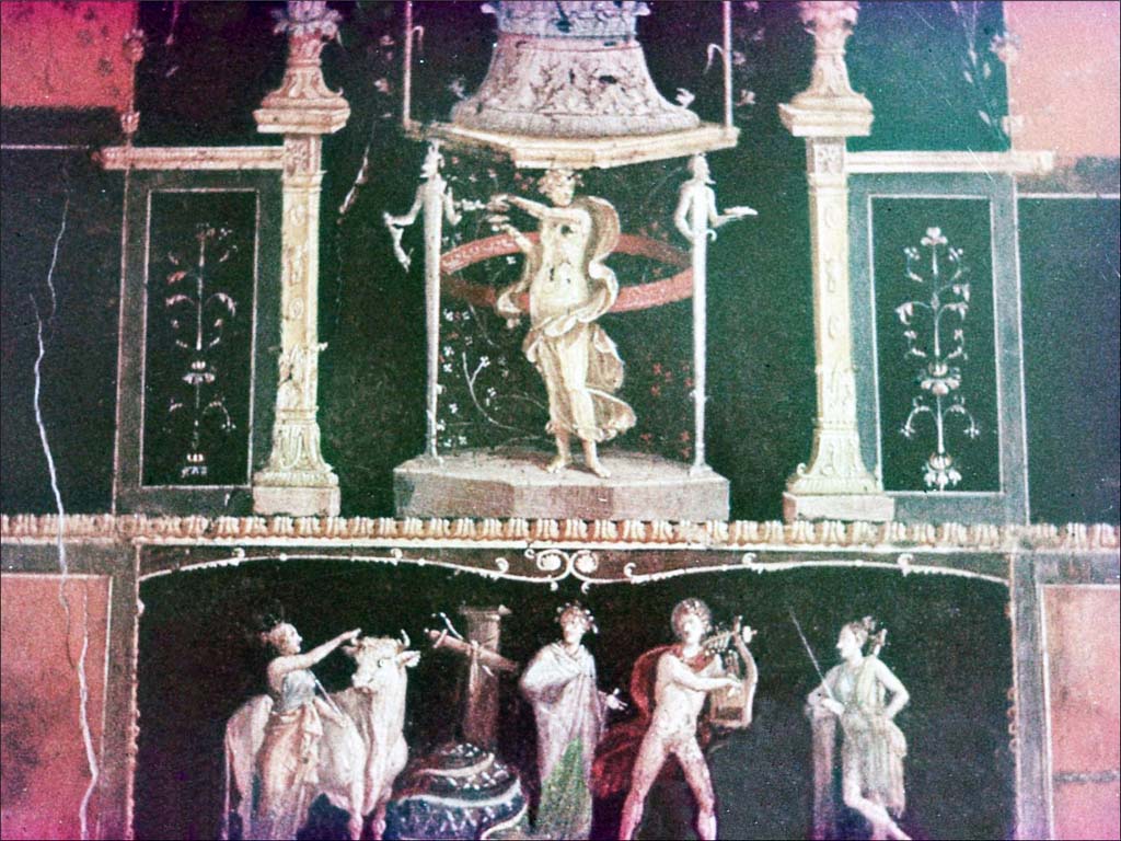 VI.15.1 Pompeii. June 1962. Detail from the east wall.
Photo by Brian Philp: Pictorial Colour Slides, forwarded by Peter Woods
(P 43.26 POMPEII Wall mural House of Vettii)