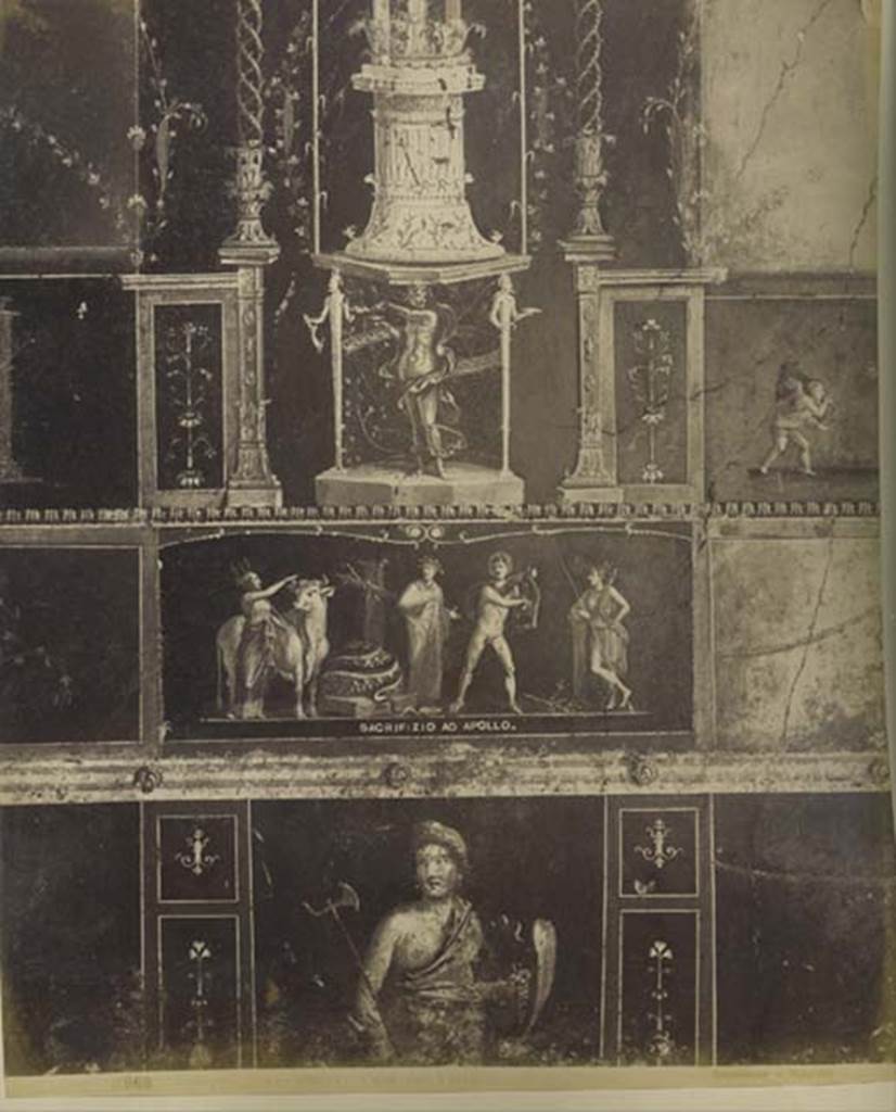 VI.15.1 Pompeii. Old undated photograph by Sommer, no. 11969. Detail from east wall with painting of Apollo and Diana after the killing of the python. Underneath is a standing figure of an Amazon armed with a shield. Photo courtesy of Rick Bauer.