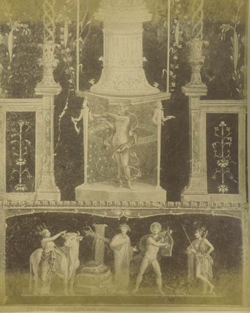 VI.15.1 Pompeii. Mid 1890’s photograph by Esposito no. 216. Detail from east wall with painting of Apollo and Diana after the killing of the python. Photo courtesy of Rick Bauer.