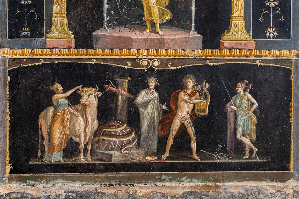 VI.15.1 Pompeii. March 2023.
Detail from east wall of painting of Apollo and Diana after the killing of the python. Photo courtesy of Johannes Eber.