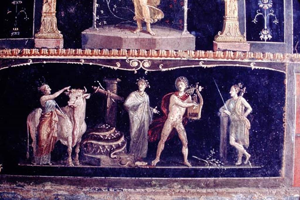 VI.15.1 Pompeii. 1968. Detail from painting of Apollo and Diana after the killing of the python. Photo by Stanley A. Jashemski.
Source: The Wilhelmina and Stanley A. Jashemski archive in the University of Maryland Library, Special Collections (See collection page) and made available under the Creative Commons Attribution-Non Commercial License v.4. See Licence and use details.
J68f1810