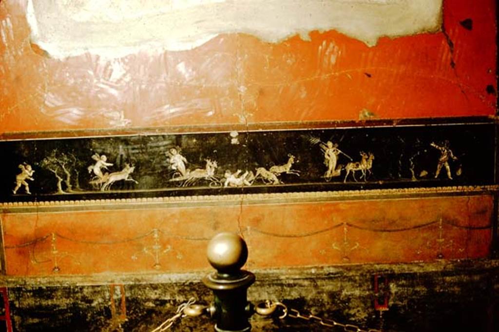 VI.15.1 Pompeii. 1957. East wall with painting of cupids in a race between chariots pulled by deer. Photo by Stanley A. Jashemski.
Source: The Wilhelmina and Stanley A. Jashemski archive in the University of Maryland Library, Special Collections (See collection page) and made available under the Creative Commons Attribution-Non Commercial License v.4. See Licence and use details.
J57f0322