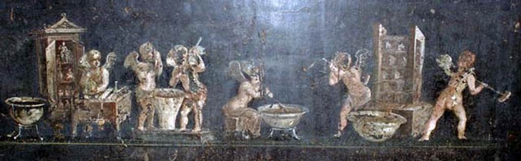 VI.15.1 Pompeii. October 2001. Detail of right (south) part of panel from east wall of cupids making perfumed oil. Photo courtesy of Peter Woods.