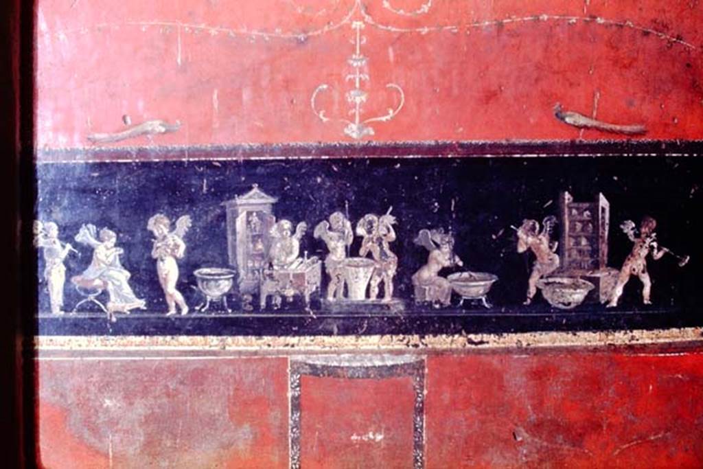 VI.15.1 Pompeii. 1968. East wall with painting of cupids making perfumed oil. Photo by Stanley A. Jashemski.
Source: The Wilhelmina and Stanley A. Jashemski archive in the University of Maryland Library, Special Collections (See collection page) and made available under the Creative Commons Attribution-Non Commercial License v.4. See Licence and use details.
J68f1812