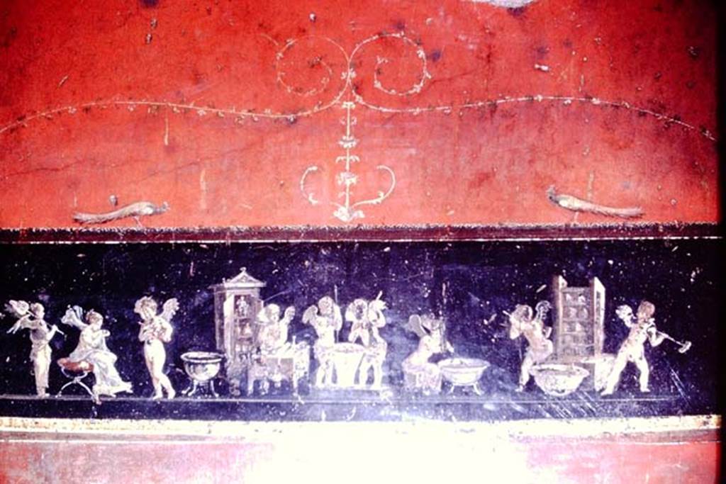 VI.15.1 Pompeii. 1966. East wall with painting of cupids making perfumed oil. Photo by Stanley A. Jashemski.
Source: The Wilhelmina and Stanley A. Jashemski archive in the University of Maryland Library, Special Collections (See collection page) and made available under the Creative Commons Attribution-Non Commercial License v.4. See Licence and use details.
J66f0298