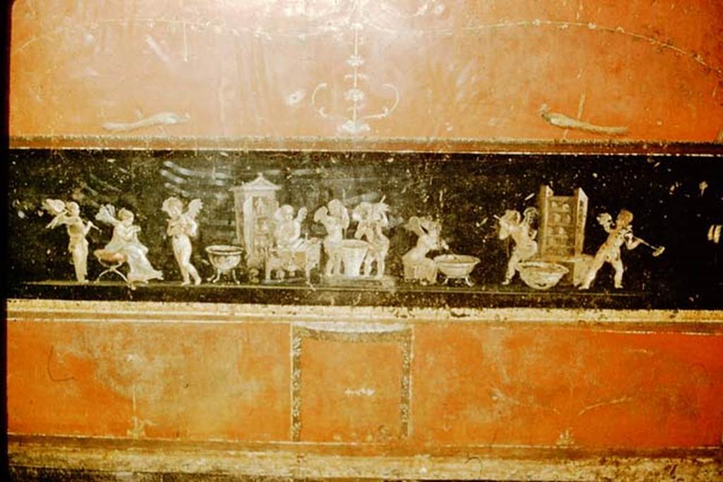 VI.15.1 Pompeii. 1957. East wall with painting of cupids making perfumed oil. Photo by Stanley A. Jashemski.
Source: The Wilhelmina and Stanley A. Jashemski archive in the University of Maryland Library, Special Collections (See collection page) and made available under the Creative Commons Attribution-Non Commercial License v.4. See Licence and use details.
J57f0321
