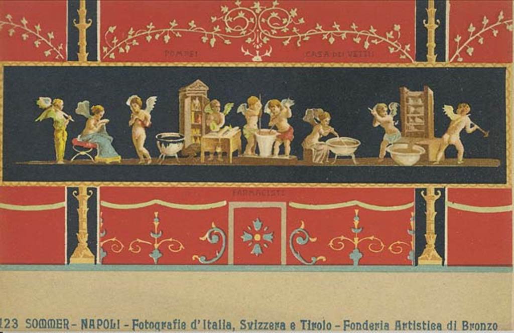 VI.15.1 Pompeii. Early 20th century postcard by G. Sommer, no. 123, showing painting of cupids from the east wall. Photo courtesy of Rick Bauer.