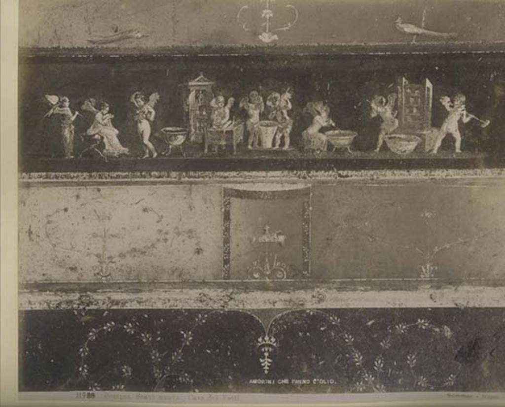VI.15.1 Pompeii. Photograph by Sommer, no. 11988. Detail from east wall with painting of cupids making perfumed oil. Photo courtesy of Rick Bauer.