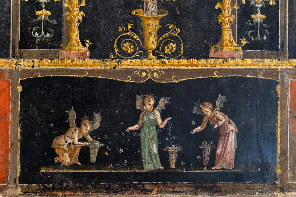 VI.15.1 Pompeii. March 2023.
East wall, detail of painted panel with painting of Psychai (female cupids) gathering petals. Photo courtesy of Johannes Eber.