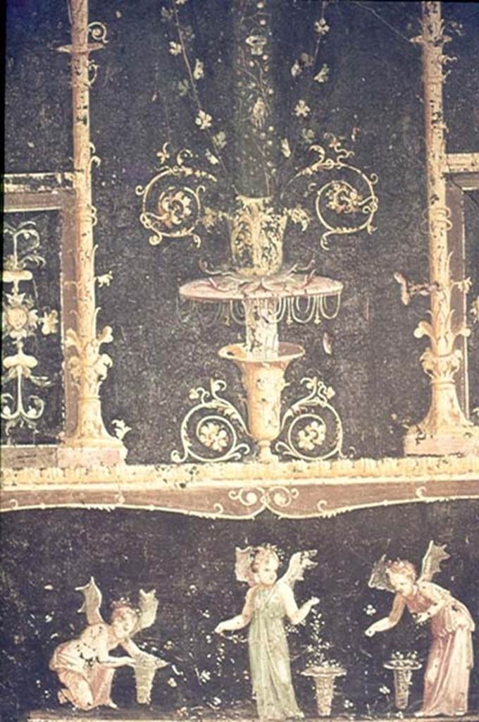 VI.15.1 Pompeii. January 1977. Painted decoration on east wall. Photo courtesy of David Hingston.