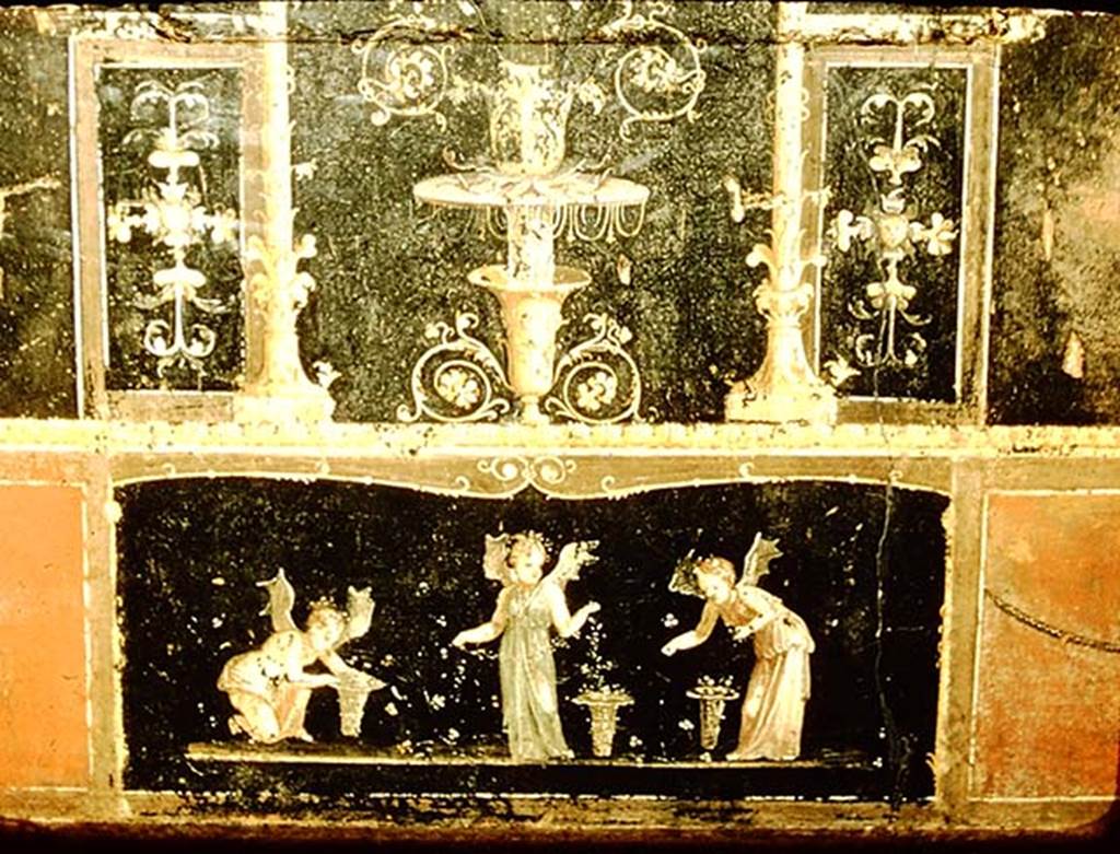 VI.15.1 Pompeii. 1957. East wall with painting of Psychai (female cupids) gathering petals.
Photo by Stanley A. Jashemski.
Source: The Wilhelmina and Stanley A. Jashemski archive in the University of Maryland Library, Special Collections (See collection page) and made available under the Creative Commons Attribution-Non Commercial License v.4. See Licence and use details.
J57f0320