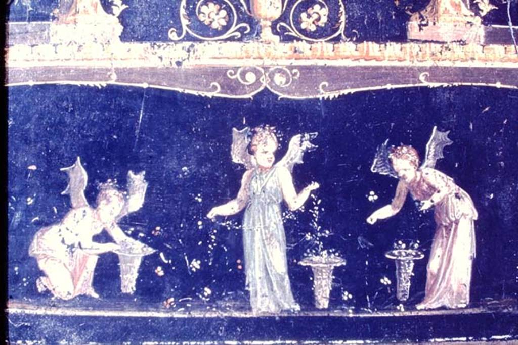 VI.15.1 Pompeii. 1968. East wall with painting of Psychai (winged female cupids) gathering petals.
Photo by Stanley A. Jashemski.
Source: The Wilhelmina and Stanley A. Jashemski archive in the University of Maryland Library, Special Collections (See collection page) and made available under the Creative Commons Attribution-Non Commercial License v.4. See Licence and use details.
J68f1811