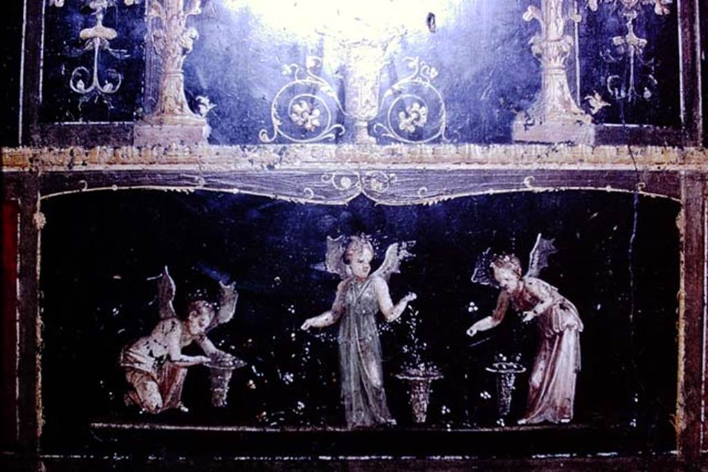 VI.15.1 Pompeii. 1966. East wall with painting of Psychai (female cupids) gathering petals.
Photo by Stanley A. Jashemski.
Source: The Wilhelmina and Stanley A. Jashemski archive in the University of Maryland Library, Special Collections (See collection page) and made available under the Creative Commons Attribution-Non Commercial License v.4. See Licence and use details.
J66f0303