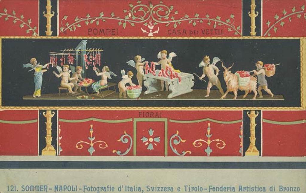 VI.15.1 Pompeii. Early 20th century postcard by G. Sommer, showing painting of cupids from the east wall. Photo courtesy of Rick Bauer.