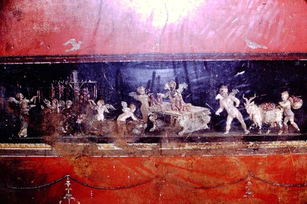 VI.15.1 Pompeii. 1966. Painted cupids from east wall in south-east corner.Photo by Stanley A. Jashemski.
Source: The Wilhelmina and Stanley A. Jashemski archive in the University of Maryland Library, Special Collections (See collection page) and made available under the Creative Commons Attribution-Non Commercial License v.4. See Licence and use details.
J66f0302