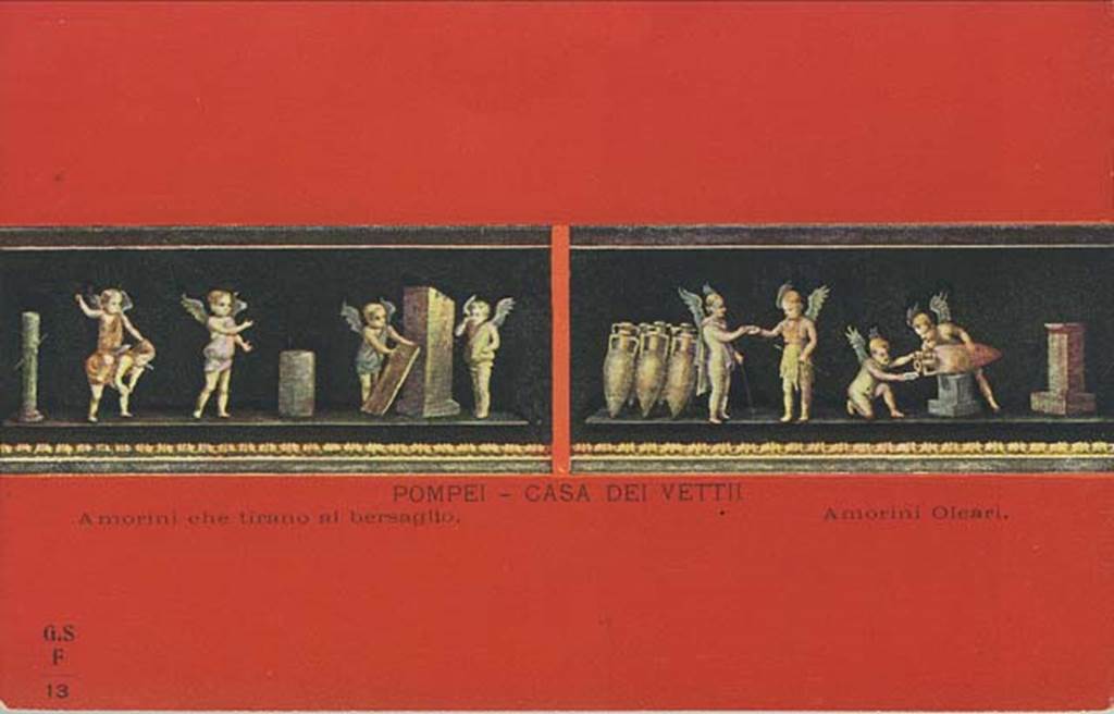 VI.15.1 Pompeii. Early 20th century postcard by G. Sommer, no.13. The painting on the left shows the cupids at target practice, this painting is from the south wall in south-east corner.
On the right is the painting from the west wall with painting of cupids buying and selling wine. Photo courtesy of Rick Bauer.