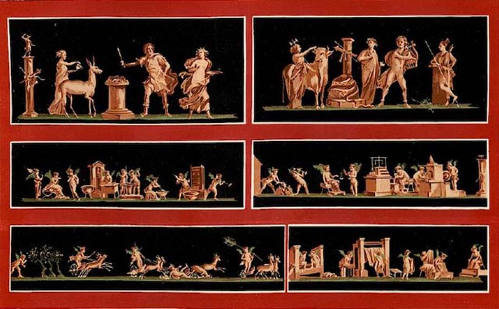 VI.15.1 Pompeii. 19th century painting of frescoes. See Niccolini F, 1896. Le case ed i monumenti di Pompei: Volume Quarto. Napoli. Nuovi Scavi Tav XXVIII.