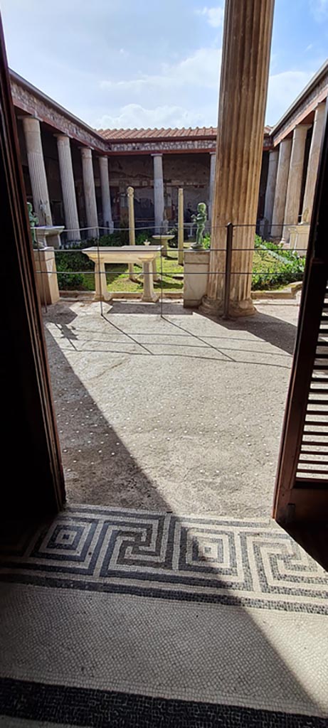 VI.15.1 Pompeii. April 2023.
Looking south across mosaic threshold from “cupid’s room” onto north portico.
Photo courtesy of Giuseppe Ciaramella.
