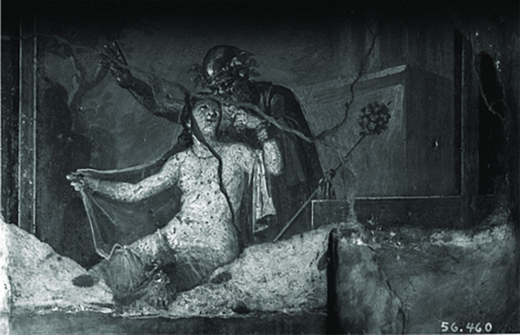 VI.15.1 Pompeii. 1956. Wall painting of Silenus and Hermaphroditus on west side of doorway.
DAIR 56.460. Photo © Deutsches Archäologisches Institut, Abteilung Rom, Arkiv.